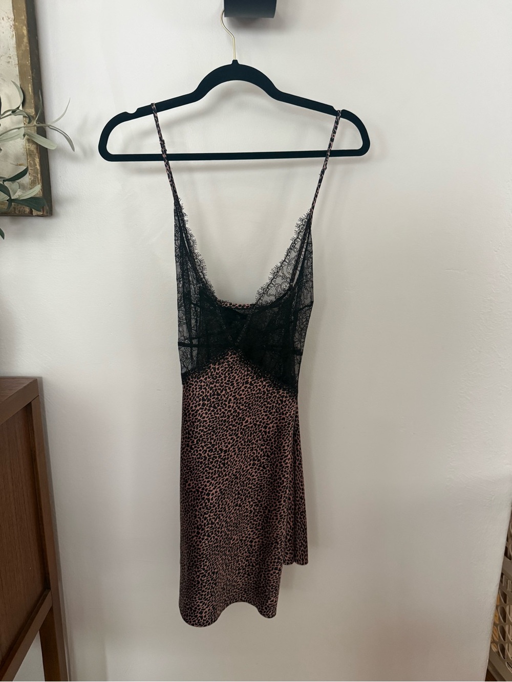 Vintage Leopard Satin Slip Dress with Black Lace Trim